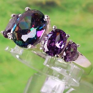 GENUINE RAINBOW TOPAZ & AMETHYST GEMS SILVER RING